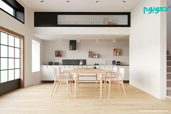 نمونه دکوراسیون اتاق غذاخوری با پس زمینه ی سفید و میز های چوبی
