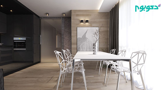 نمونه دکوراسیون اتاق غذاخوری با پس زمینه ی سفید و میز های چوبی