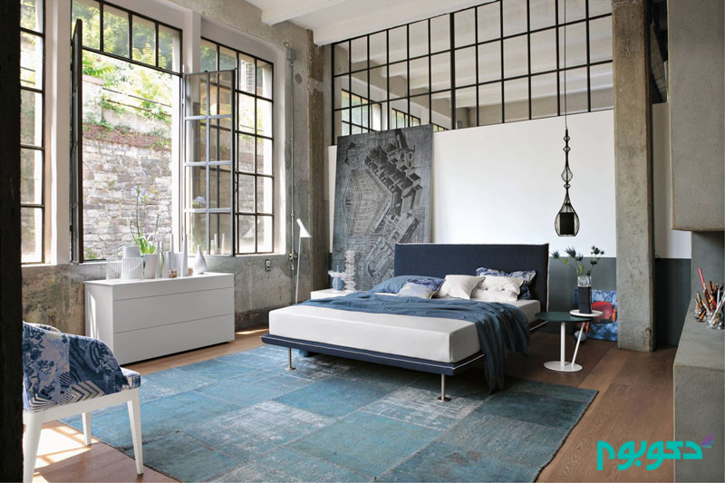 blue-rug-japanese-windows-eclectic-industrial-bedroom.jpg