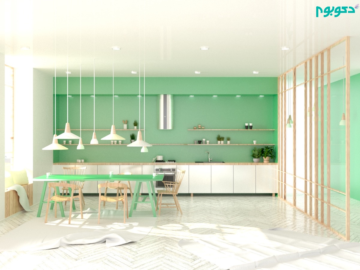 دکوراسیون داخلی آشپزخانه سبز سفید