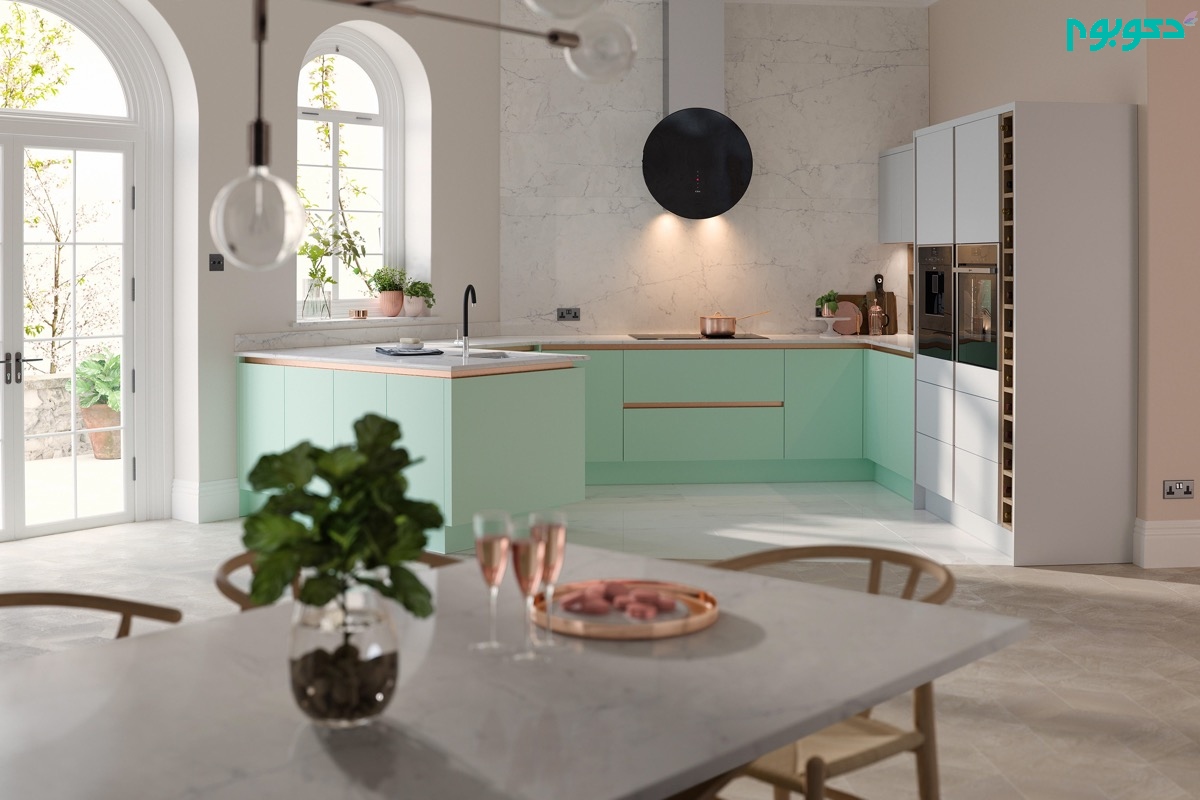 دکوراسیون داخلی آشپزخانه سبز آبی و سفید