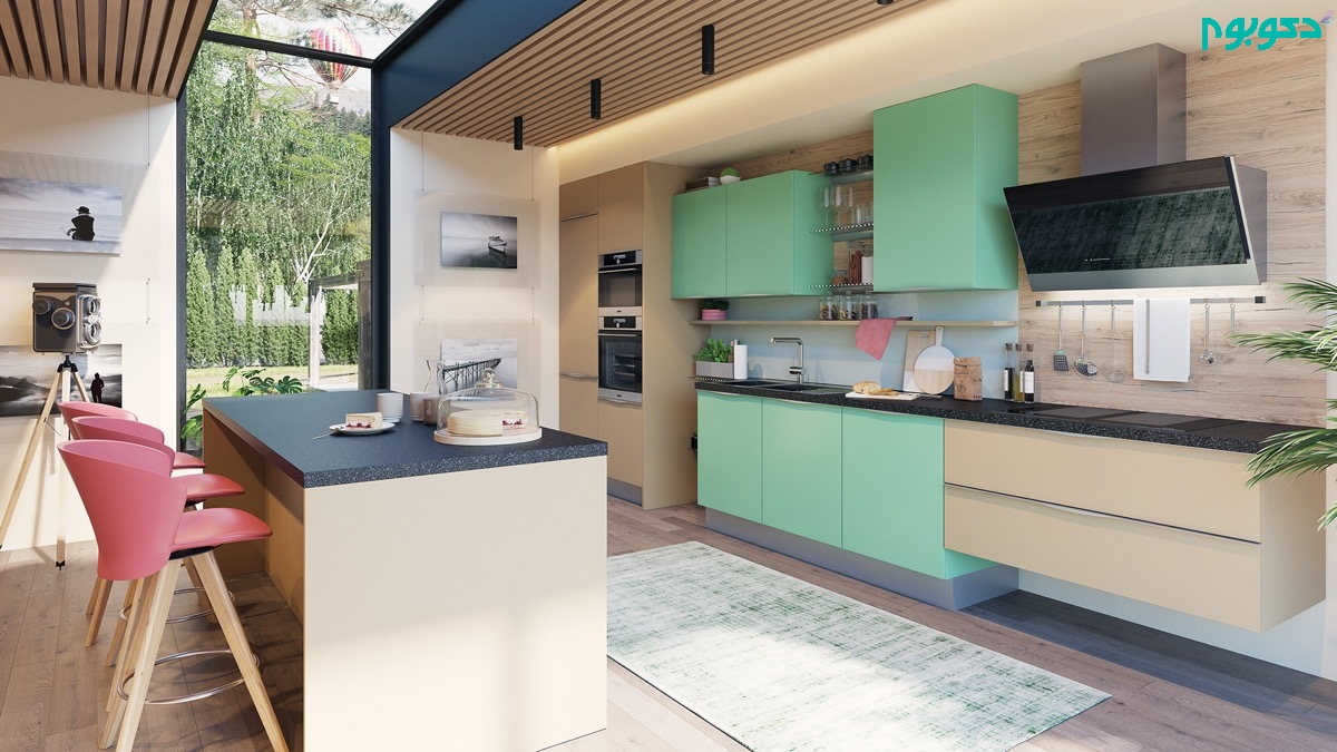 دکوراسیون داخلی آشپزخانه سبز وصورتی