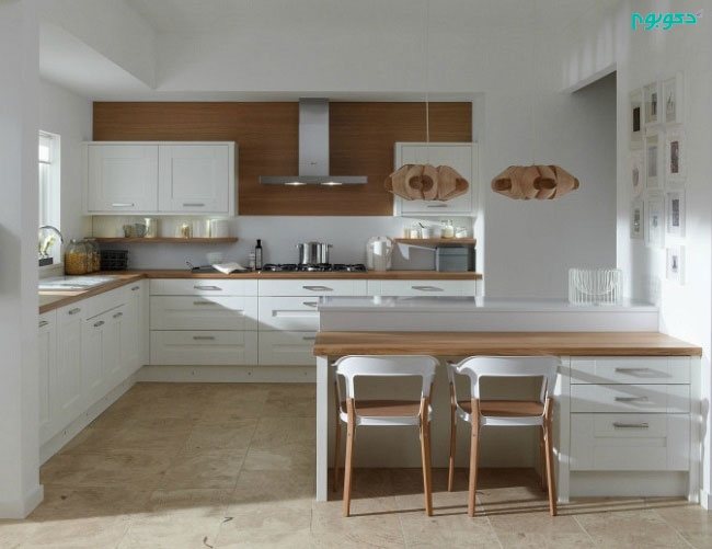 طراحی دکوراسیون سفید و چوبی آشپزخانه 