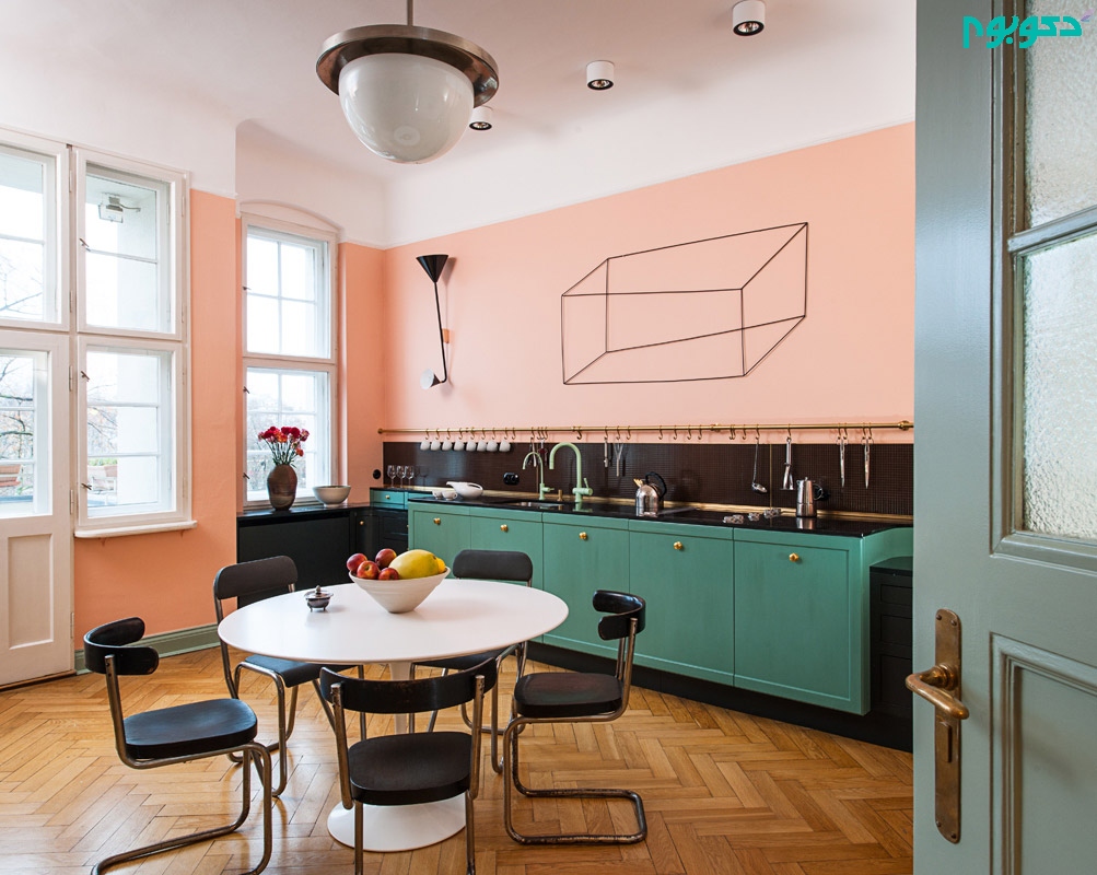 طراحی داخلی آشپزخانه صورتی و سبز