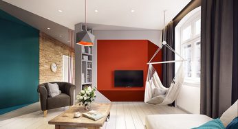 طراحی داخلی خانه مدرن با رنگ های مکمل نارنجی و آبی