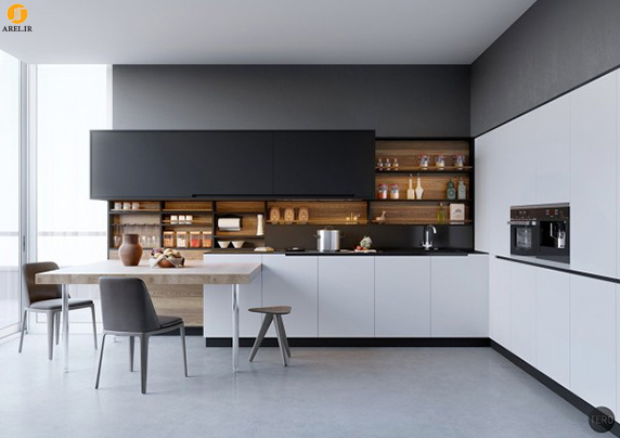 ایده هایی برای استفاده از رنگهای سیاه و سفید به همراه چوب در دکوراسیون داخلی آشپزخانه