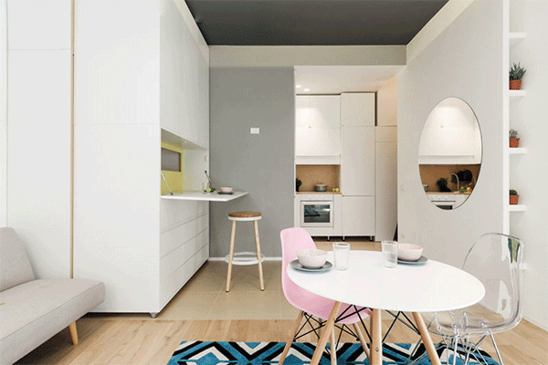 طراحی داخلی میکرو آپارتمانی با دیوار چند منظوره و متحرک