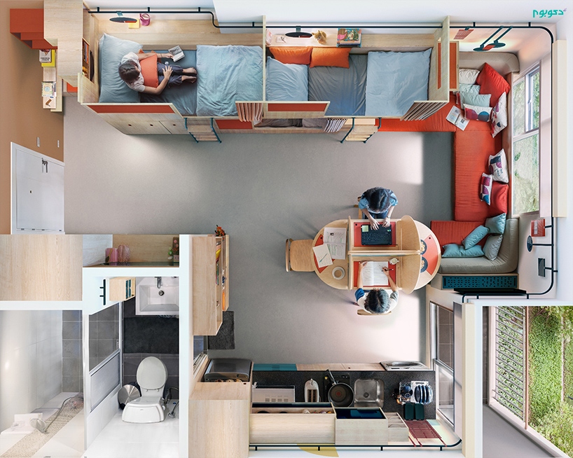 طراحی داخلی انعطاف پذیر و کاربردی در خوابگاهی برای ۷ دانشجو