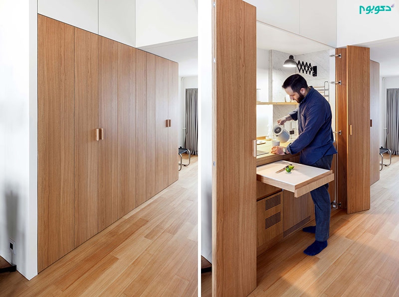 طراحی آپارتمانی کوچک با آشپزخانه و خشکشویی پنهان