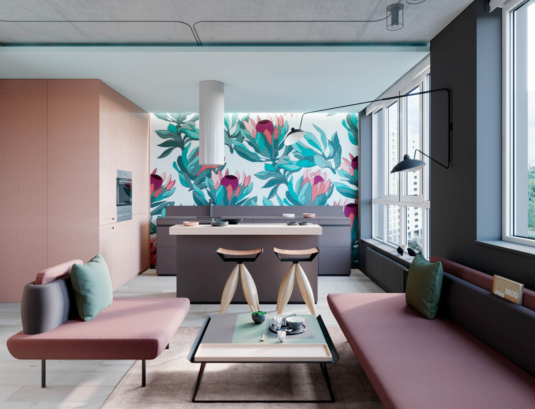 ترکیب صورتی و سبز در دکوراسیون آپارتمان مدرن