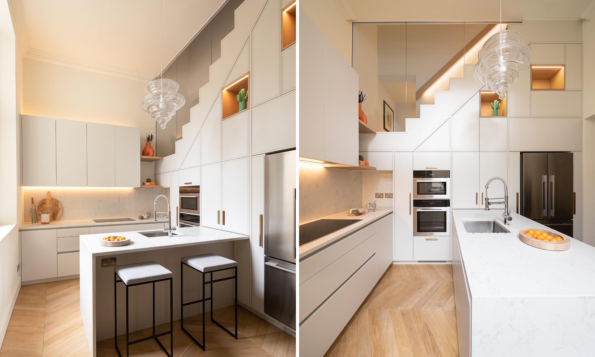طراحی داخلی آشپزخانه با کابینت های مدرن و سفید